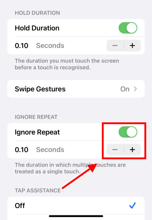 Tap the Ignore Repeat toggle switch then adjust the period with the plus and minus buttons
